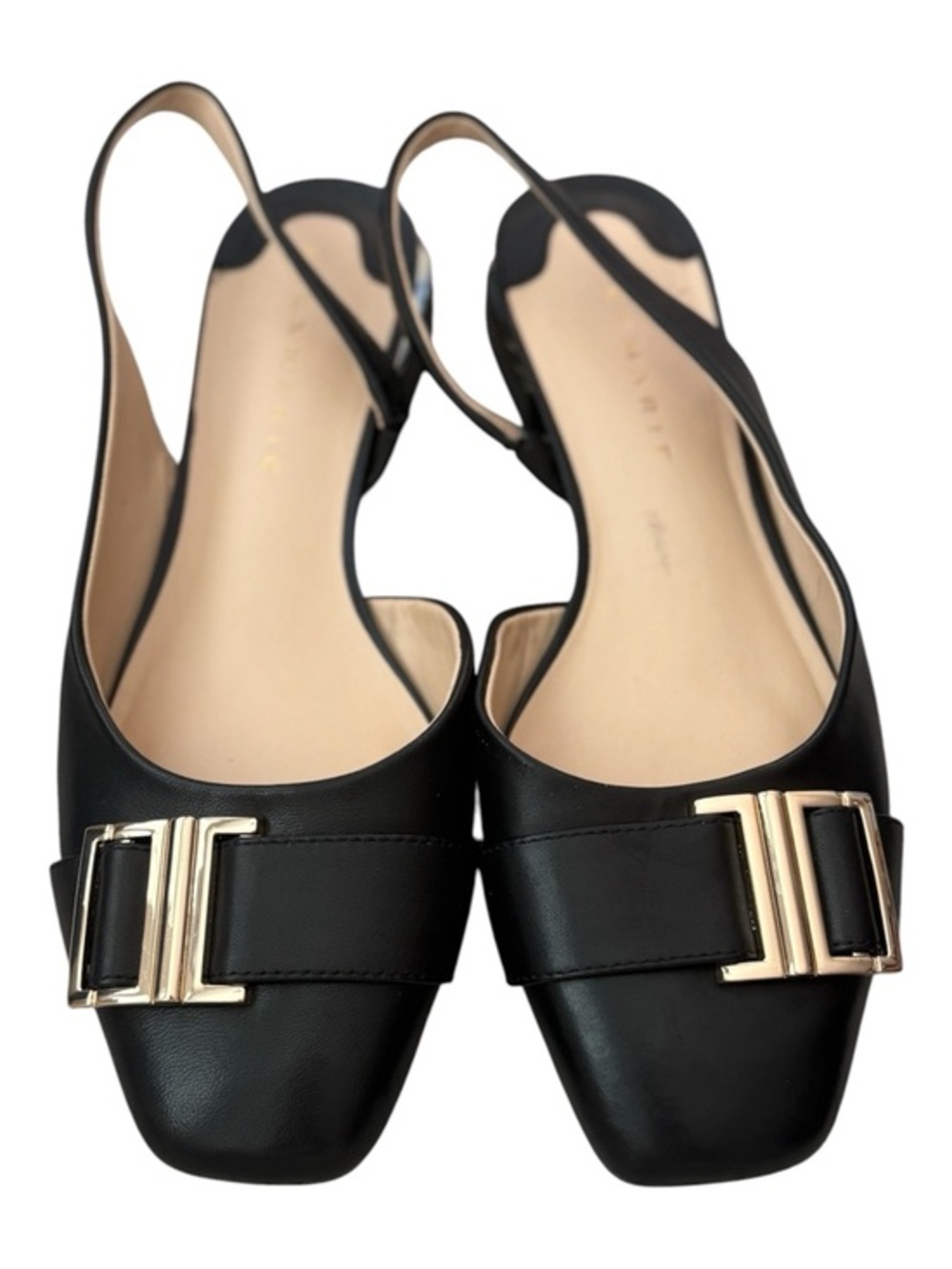 Alex Marie Black Slingback Flats Gold Buckle Size 9 Classic Chic